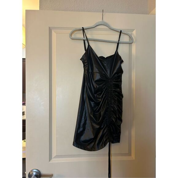 NEW Vegan Leather Spaghetti Strap Dress Bodycon Drawstring S - Picture 4 of 6